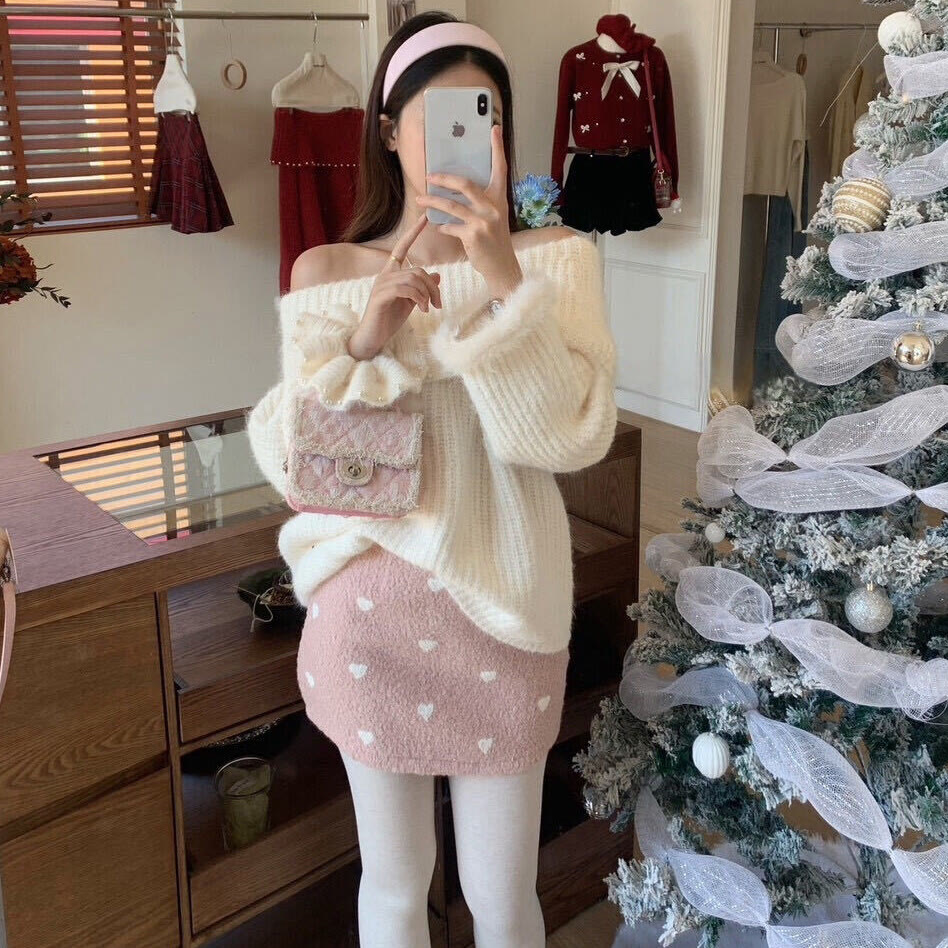 Off Shoulder Fur Sleeve Sweater and Heart Skirt Two Pieces Set - image 5