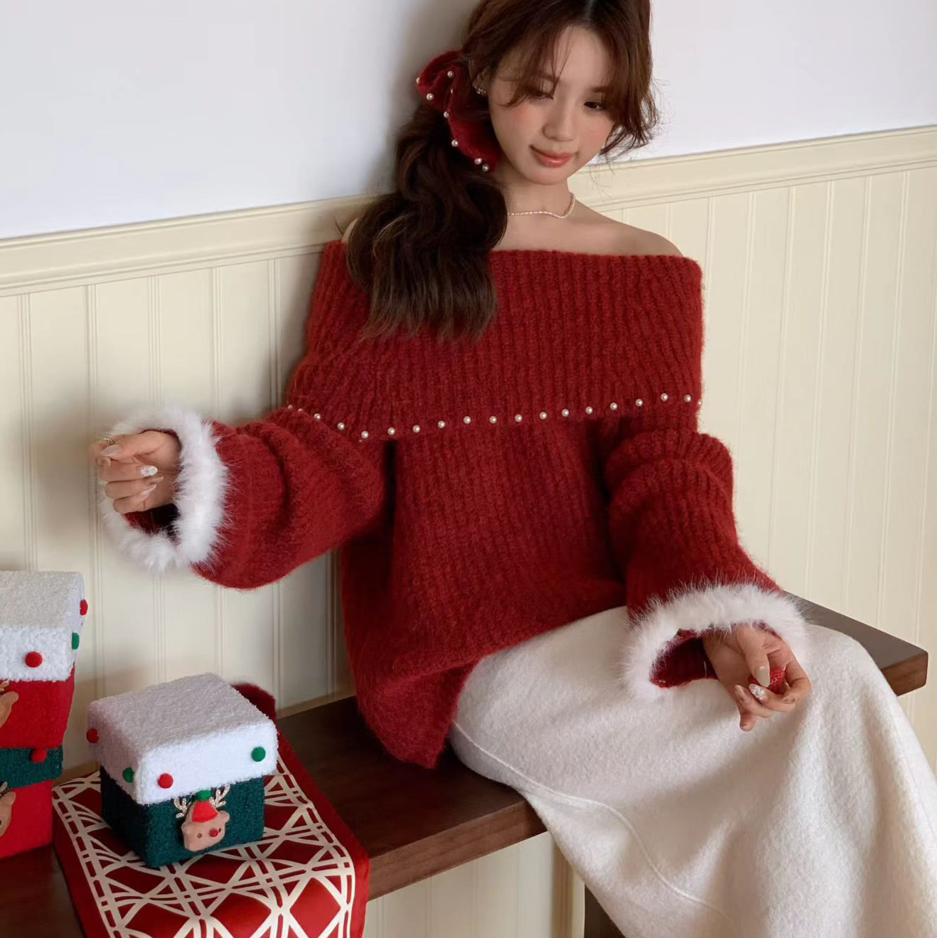 Off Shoulder Fur Sleeve Sweater and Heart Skirt Two Pieces Set - Red Top - One Size - image 2