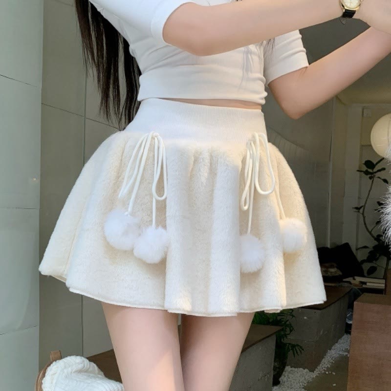 Bow Pom Pom Suede Mini Skirt - Apricot - One Size - image 1