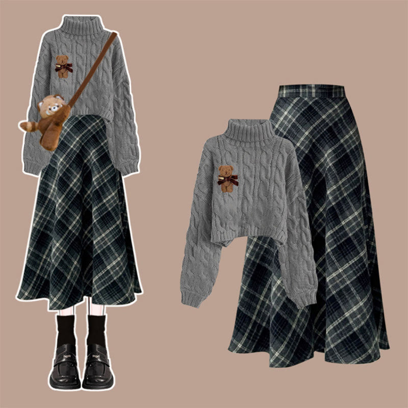Maillard Knit Sweater and Plaid Skirt Two Pieces Set - Gray Sweater & Blue Skirt - XL - image 6
