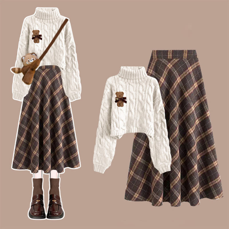 Maillard Knit Sweater and Plaid Skirt Two Pieces Set - White Sweater & Brown Skirt - XL - image 1
