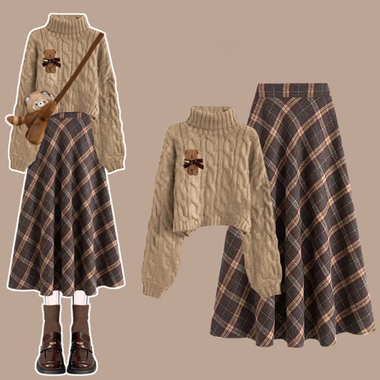 Maillard Knit Sweater and Plaid Skirt Two Pieces Set - Khaki Sweater & Brown Skirt - XL - image 3