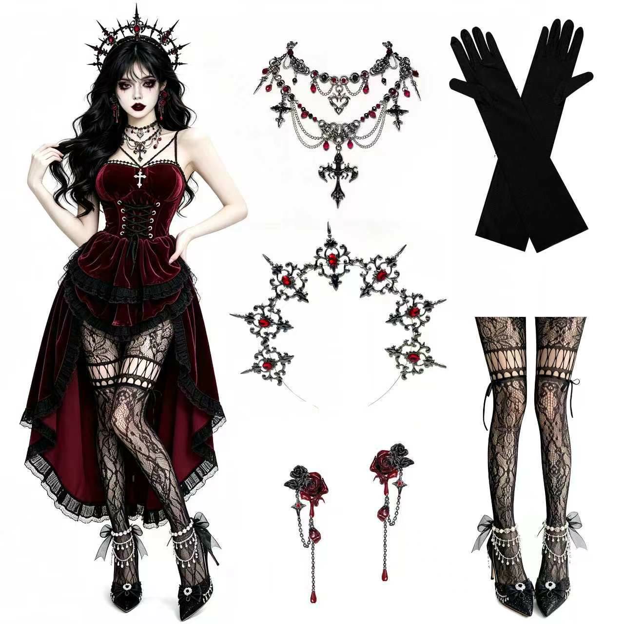 Halloween Gothic Red Costume Dress - Dress+Headband+Necklace+Stockings+Gloves+Earrings - 2XL - image 3
