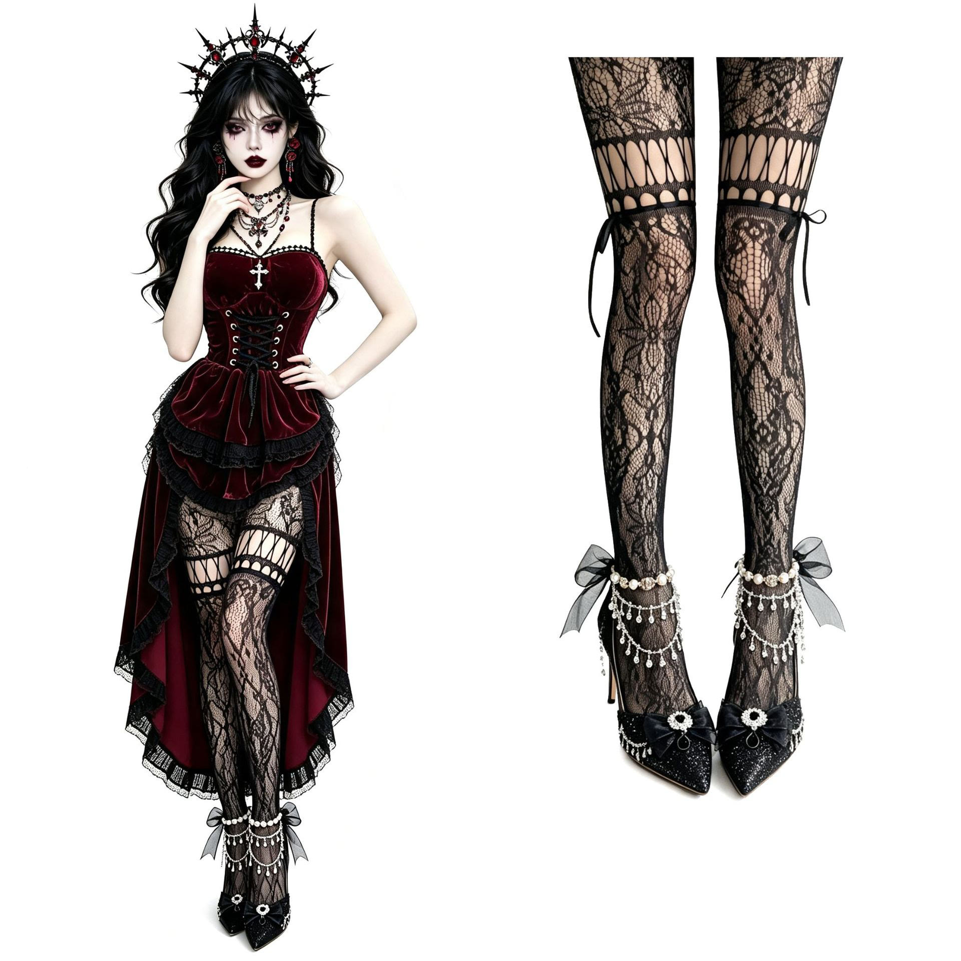 Halloween Gothic Red Costume Dress - Dress+Stockings - 2XL - image 5