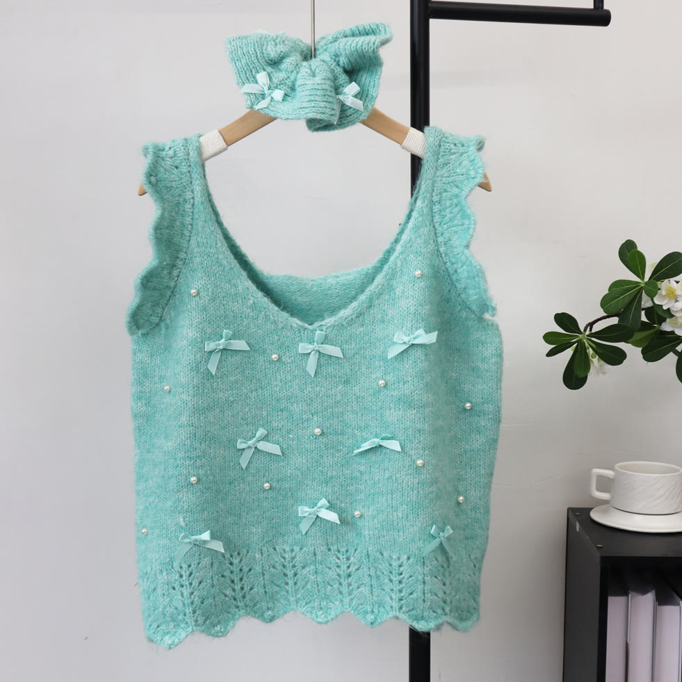 Bow Ruffle Trim Knit Vest - Green - One Size - image 3
