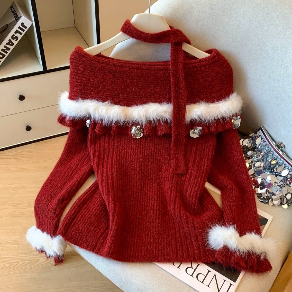 Off Shoulder Fur Collar Knit Sweater - Red - One Size - image 2