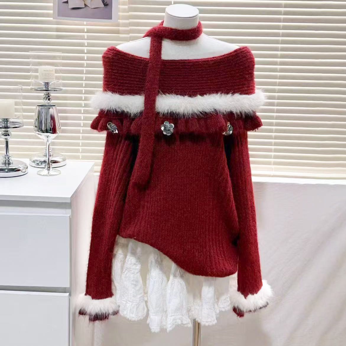 Off Shoulder Fur Collar Knit Sweater - image 1