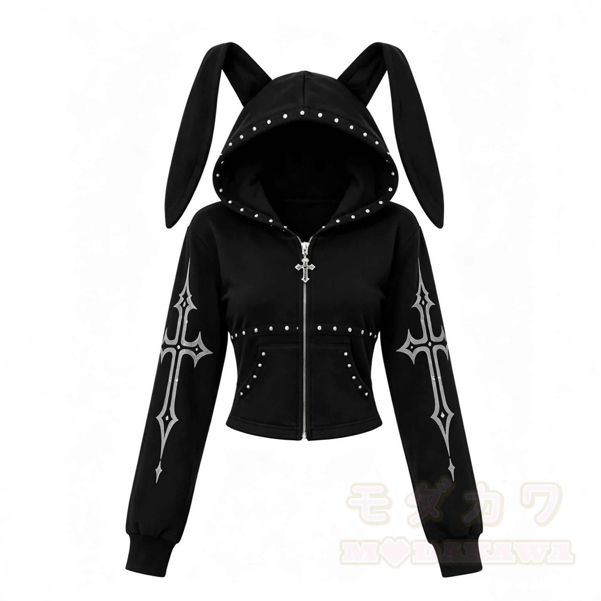 Dark Gothic Bunny Studded Zip-Up Hoodie - Black - L - image 2