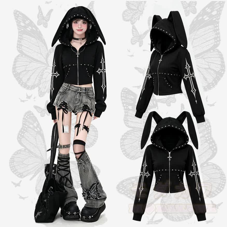 Dark Gothic Bunny Studded Zip-Up Hoodie - image 1