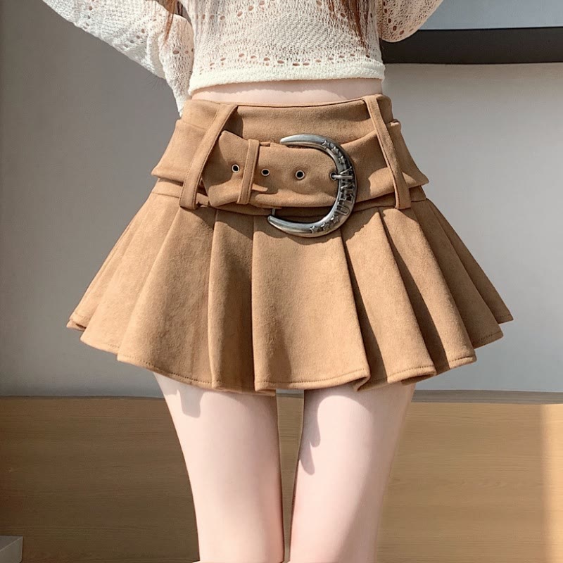 Vintage Suede Belted Skirt - Khaki - XL - image 4