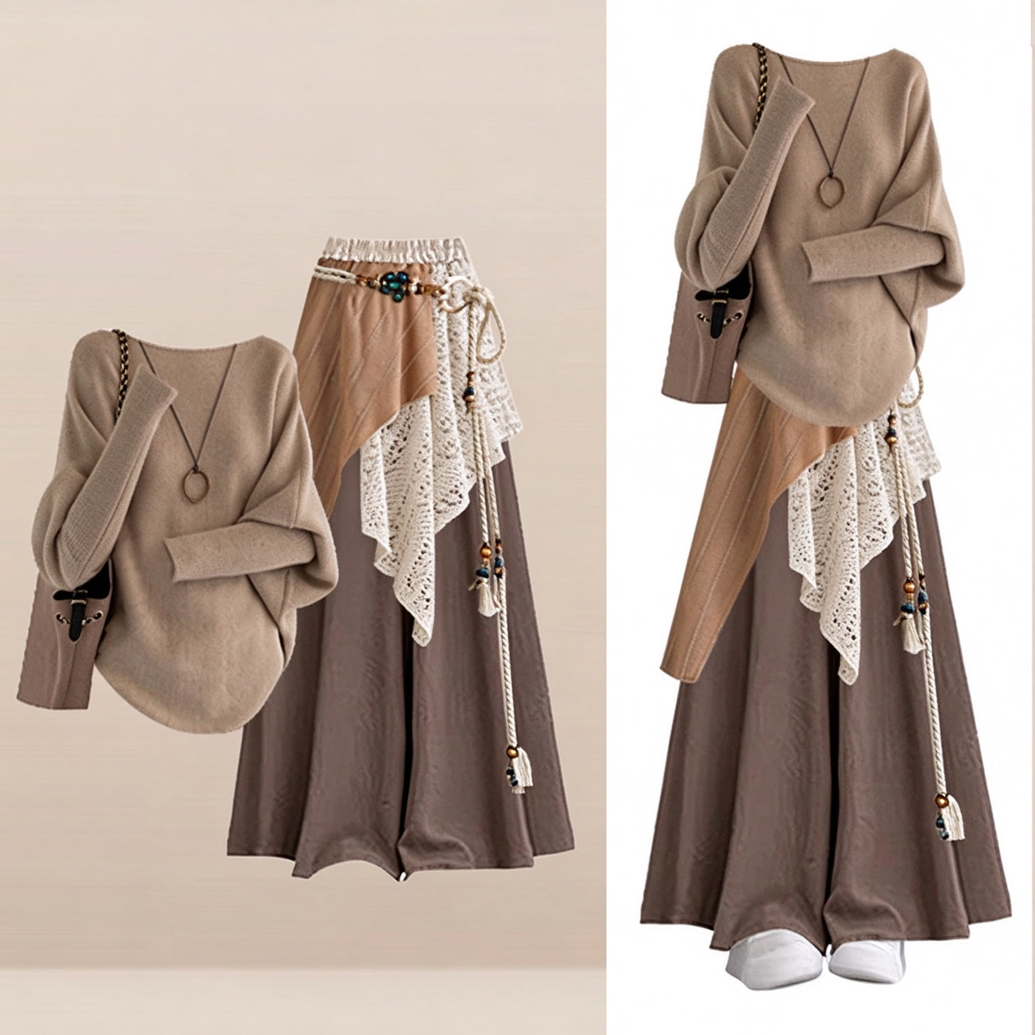 Maillard Knit Top with Lace Plaid Skirt Two Pieces Set - Brown Set - 4XL - image 1