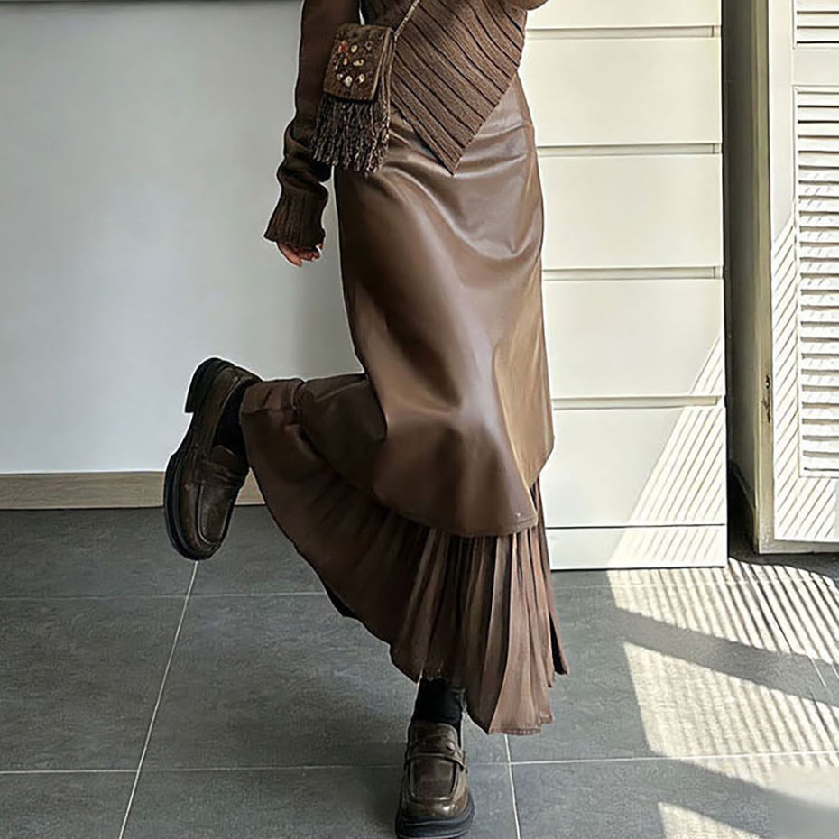 Knit Sweater with Vintage Leather Skirt Two Pieces Set - Brown Skirt - 3XL - image 7