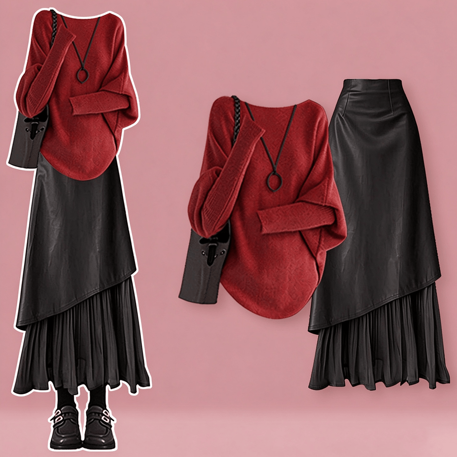 Knit Sweater with Vintage Leather Skirt Two Pieces Set - Red Top+Black Skirt - 3XL - image 2