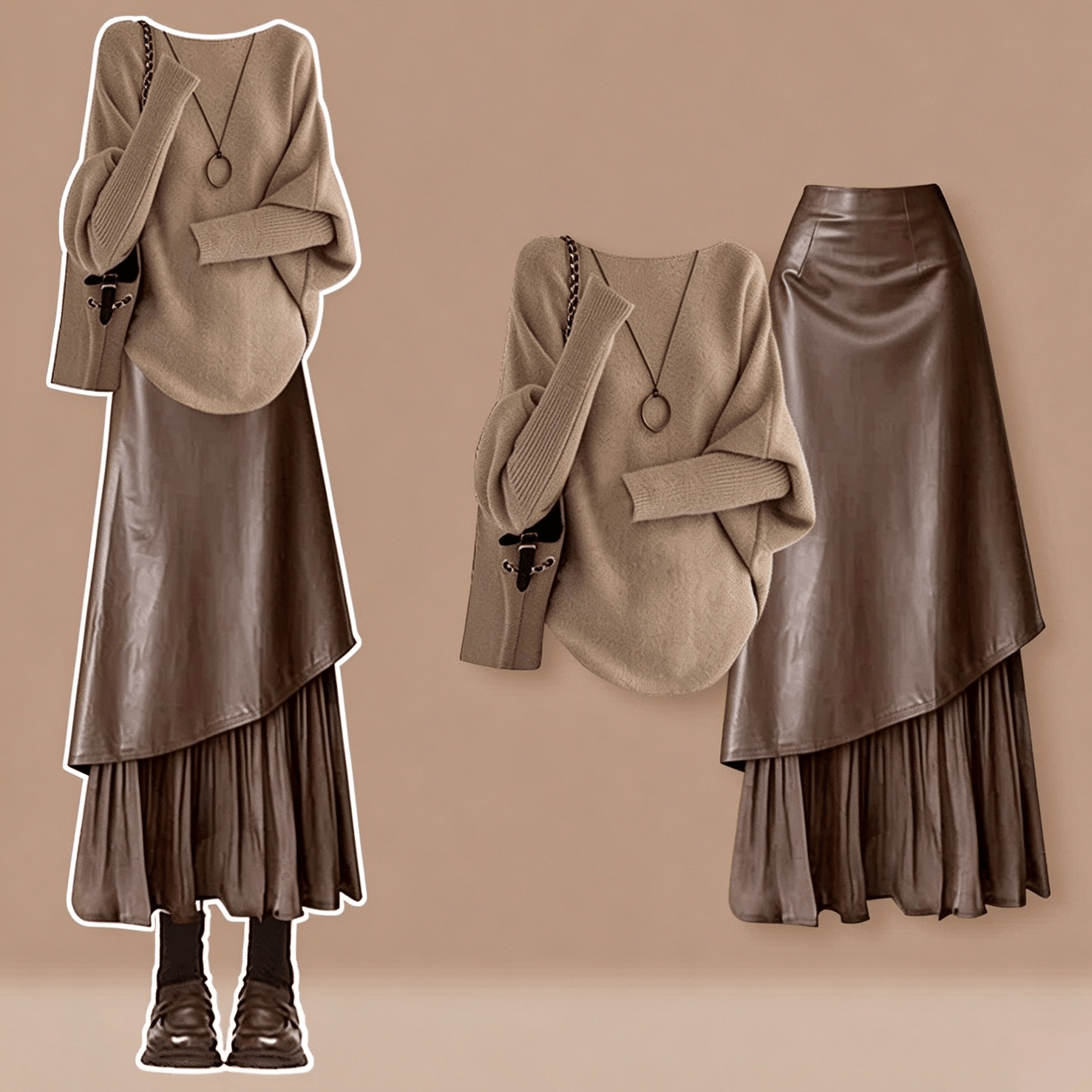 Knit Sweater with Vintage Leather Skirt Two Pieces Set - Brown Top+SKirt - 3XL - image 1