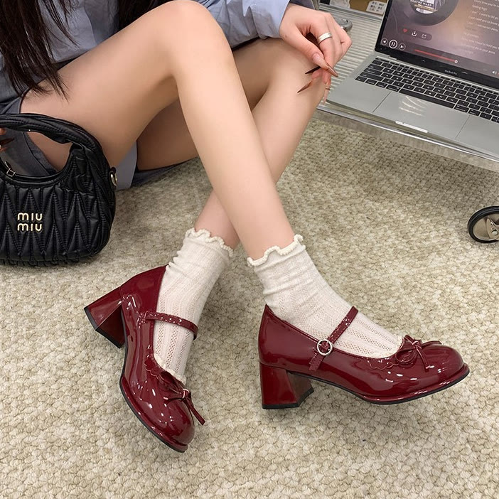 Chic Lace Trim Mary Jane Mid-Heel Shoes - Red - 40 - image 12