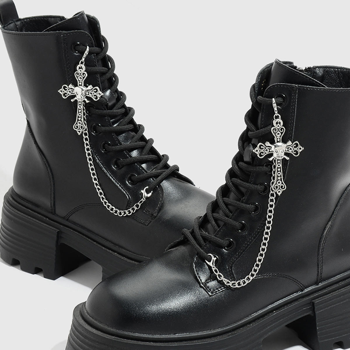 Genuine Leather Platform Combat Boots with Shoe Chain - Shoes+Cross - 40 - image 2