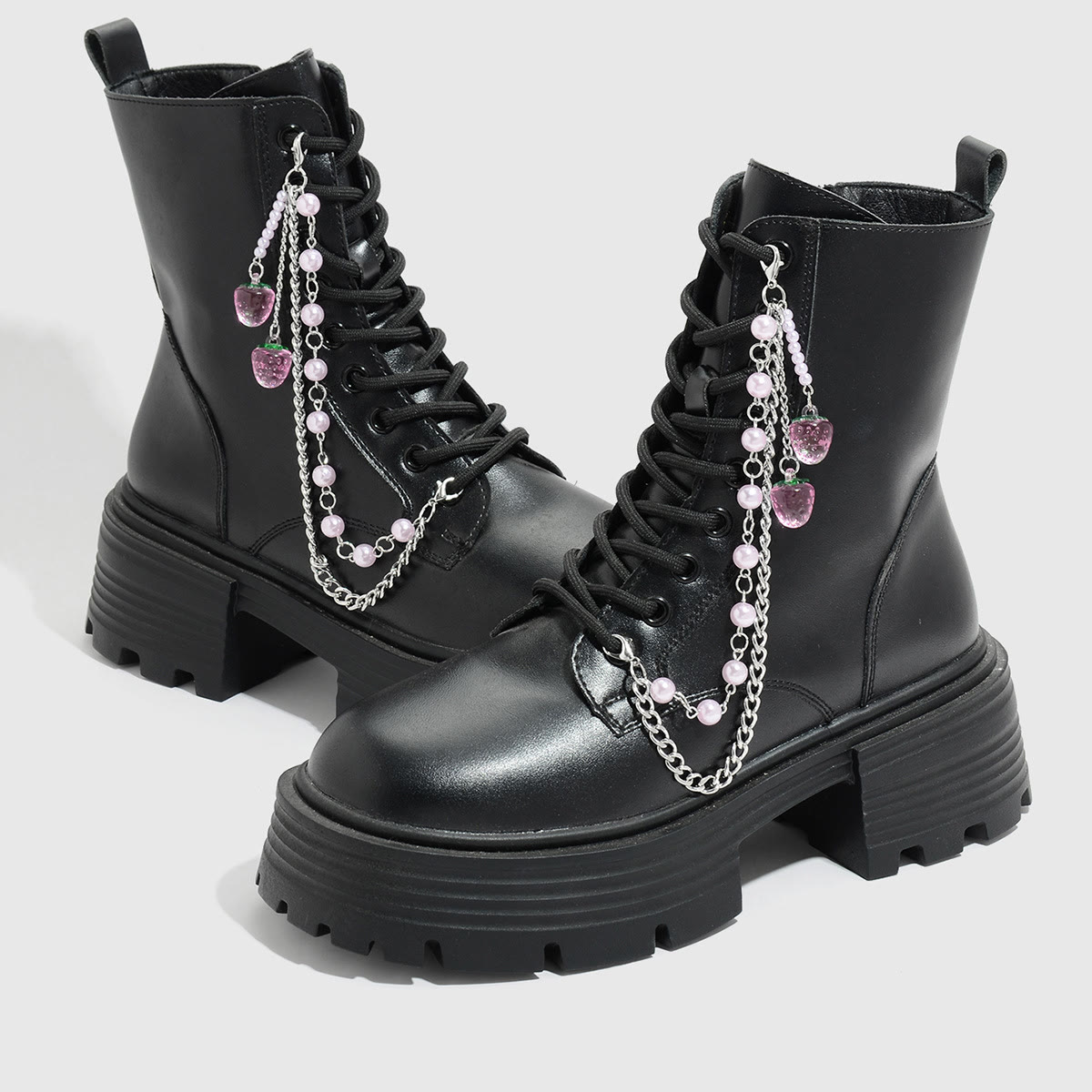 Genuine Leather Platform Combat Boots with Shoe Chain - Shoes+Strawberry - 40 - image 1