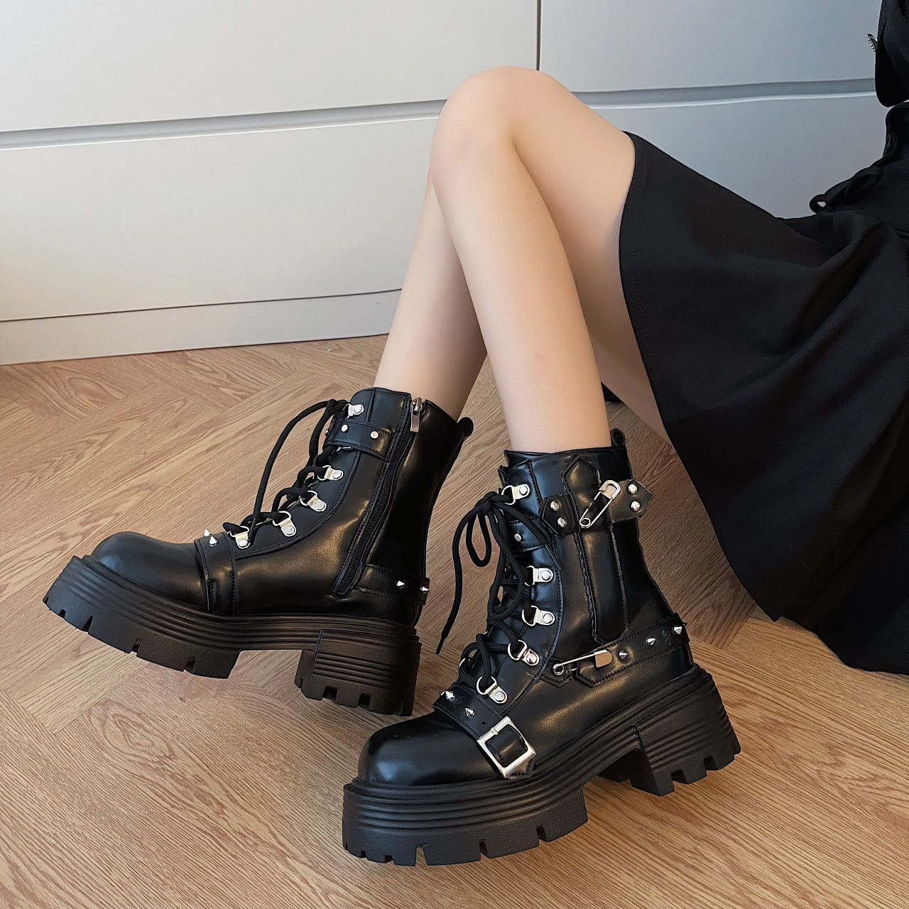  Y2K Lolita Studded Combat Boots - Black - 40 - image 1