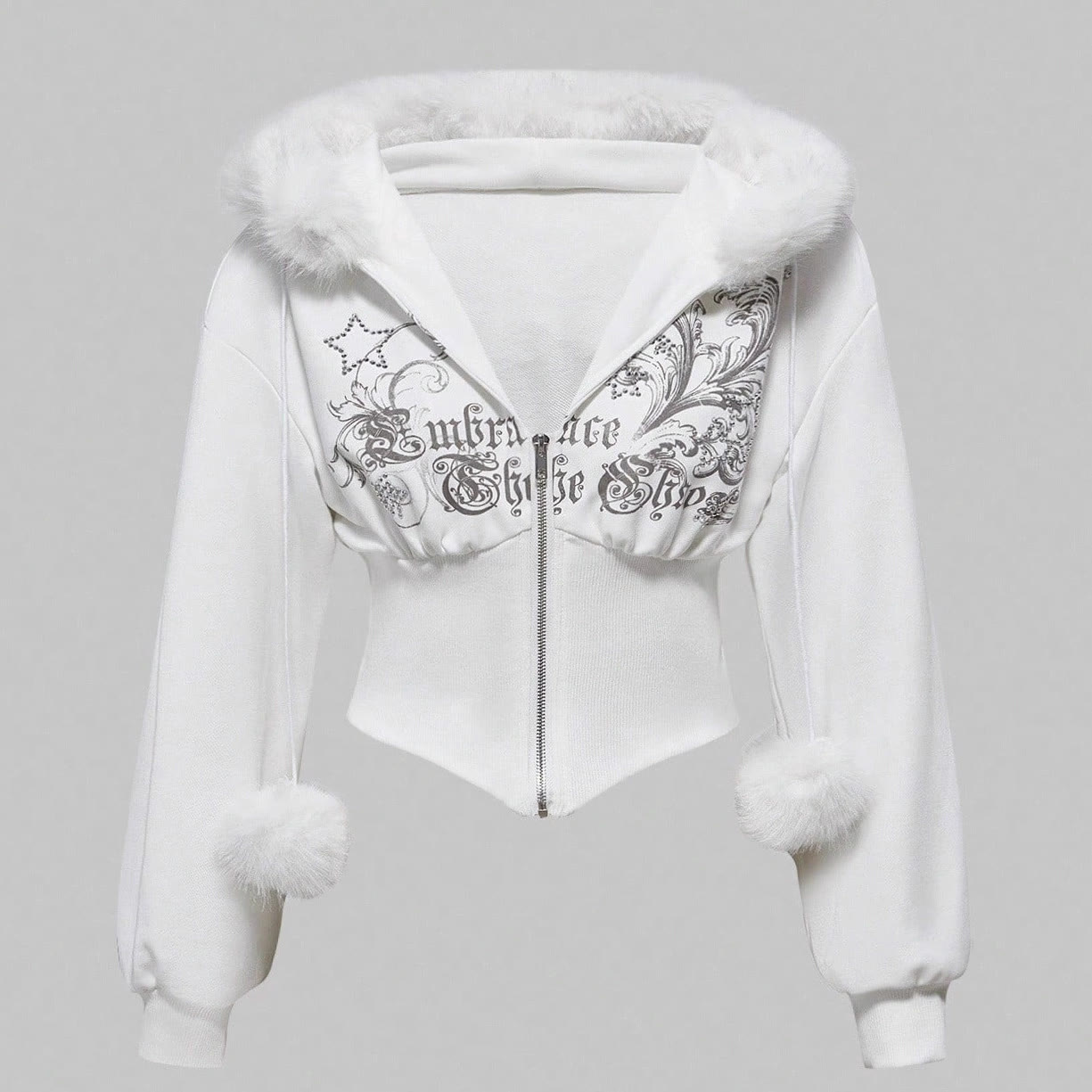 Vintage Faux Fur Collar Zip-Up Cinched Waist Hoodie - White - L - image 6