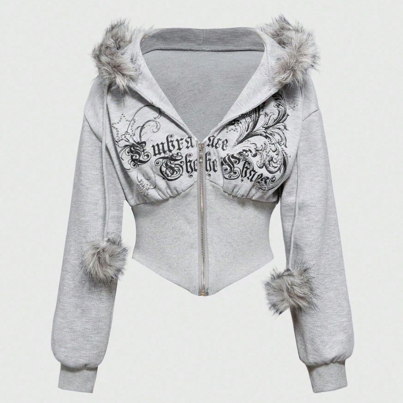 Vintage Faux Fur Collar Zip-Up Cinched Waist Hoodie - Light Grey - L - image 2