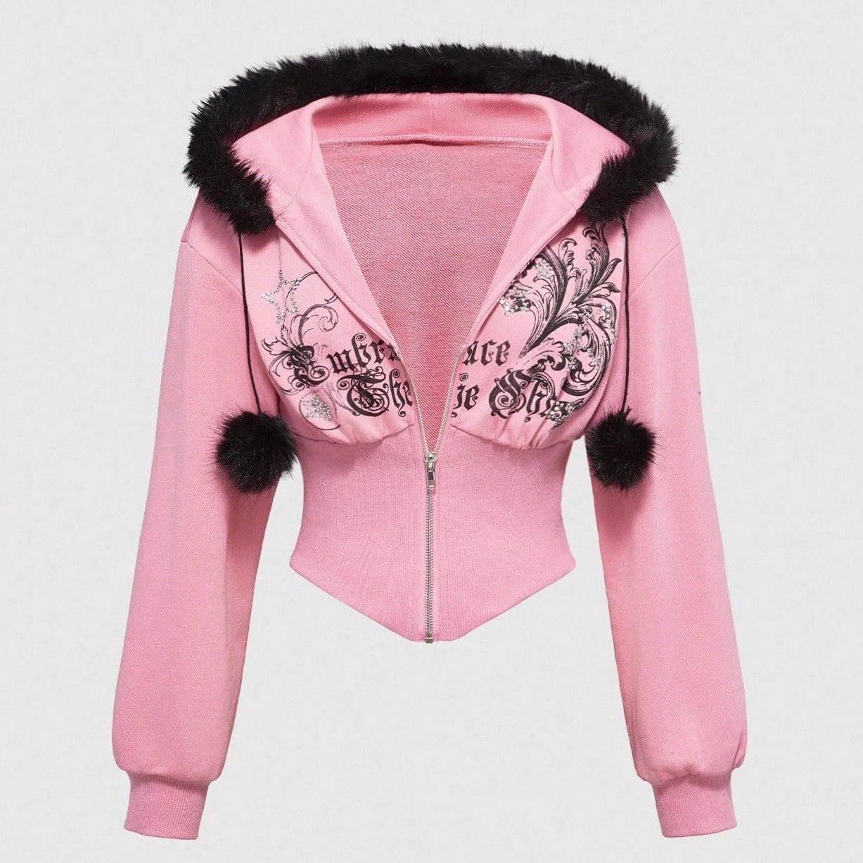 Vintage Faux Fur Collar Zip-Up Cinched Waist Hoodie - Pink - L - image 1