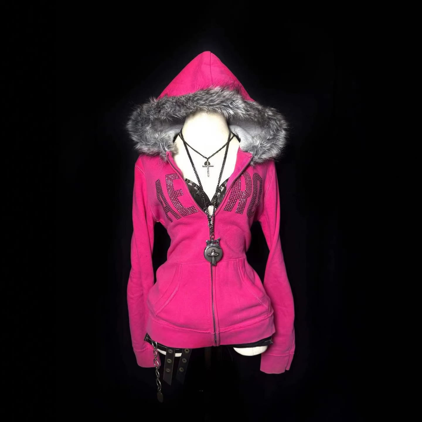 Rhinestone Faux Fur Collar Cinched Waist Zip-Up Hoodie - Fuchsia - XL - image 1