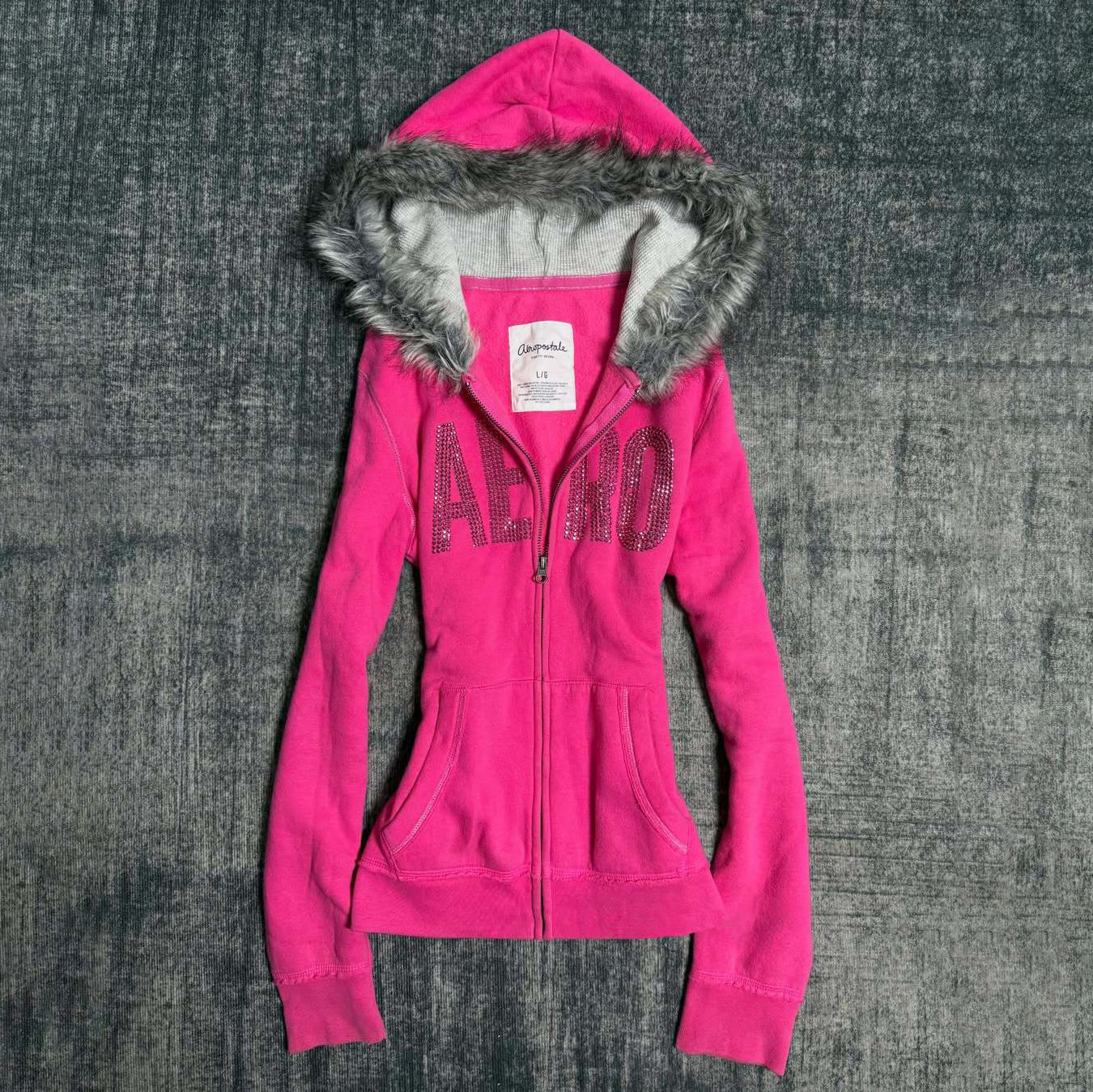 Rhinestone Faux Fur Collar Cinched Waist Zip-Up Hoodie - image 2