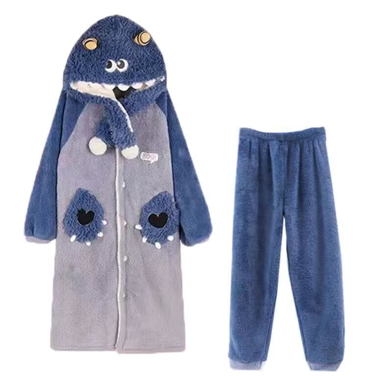 Cute Cartoon Hooded Robe Pajama Set - Little Monster Robe + Pants Set - XL - image 6