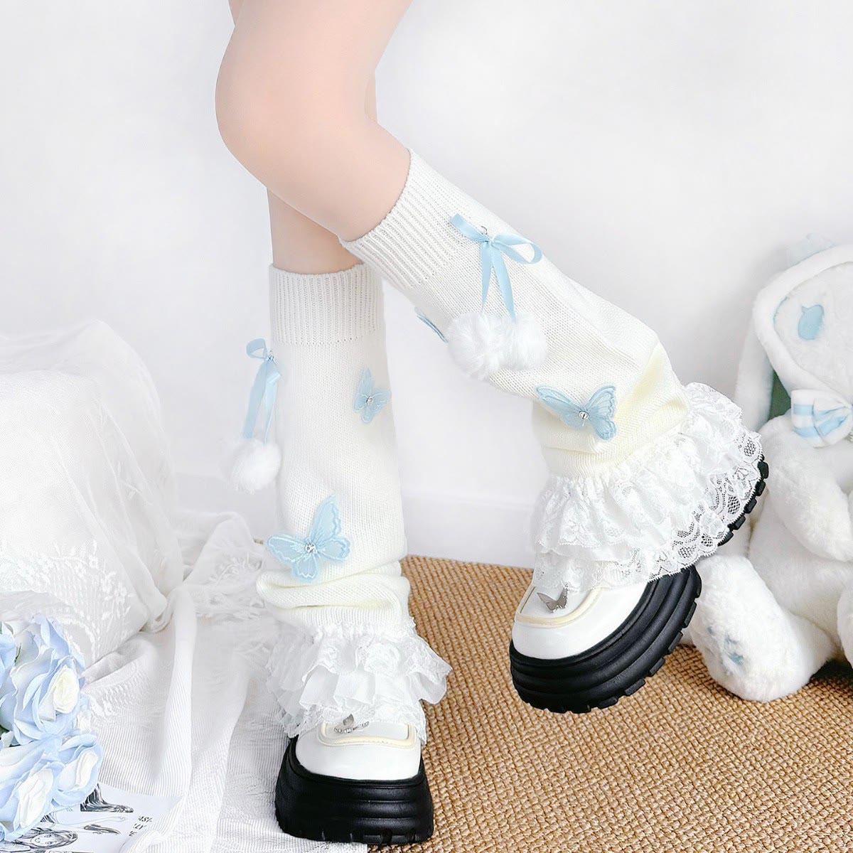 Y2K Lace Ruffle Bow Slouch Socks - image 2