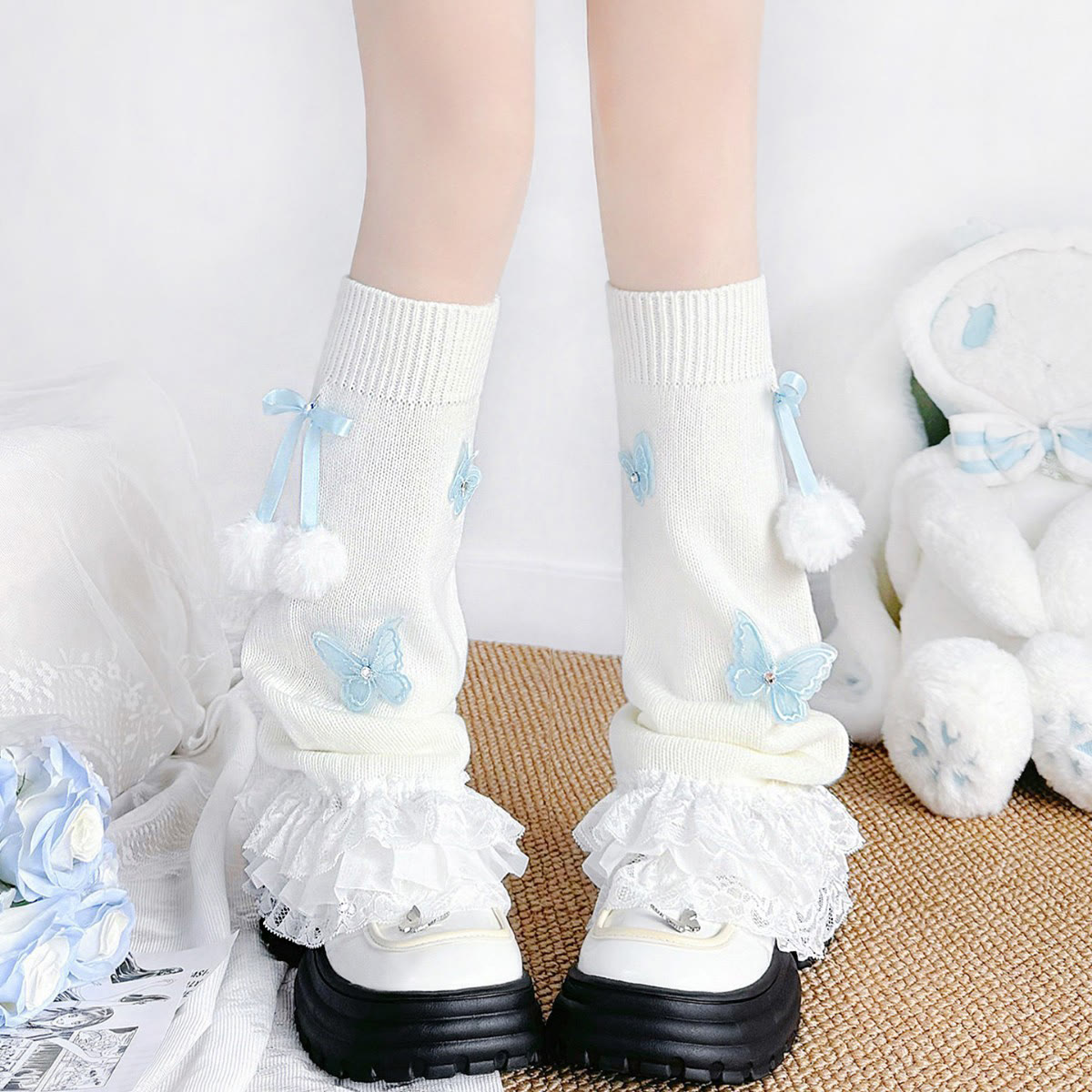 Y2K Lace Ruffle Bow Slouch Socks - Blue - One Size - image 1