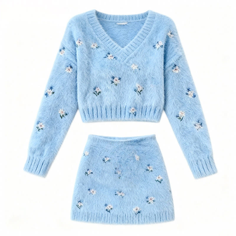 Blue Daisy Print Sweater and Mini Skirt Two Pieces Set - image 2