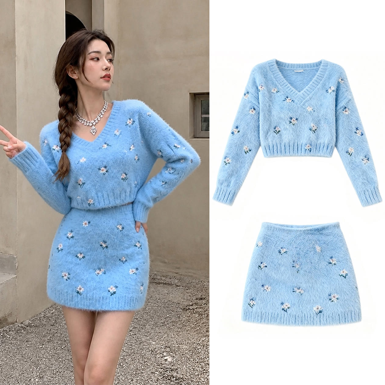 Blue Daisy Print Sweater and Mini Skirt Two Pieces Set - Set - XL - image 1