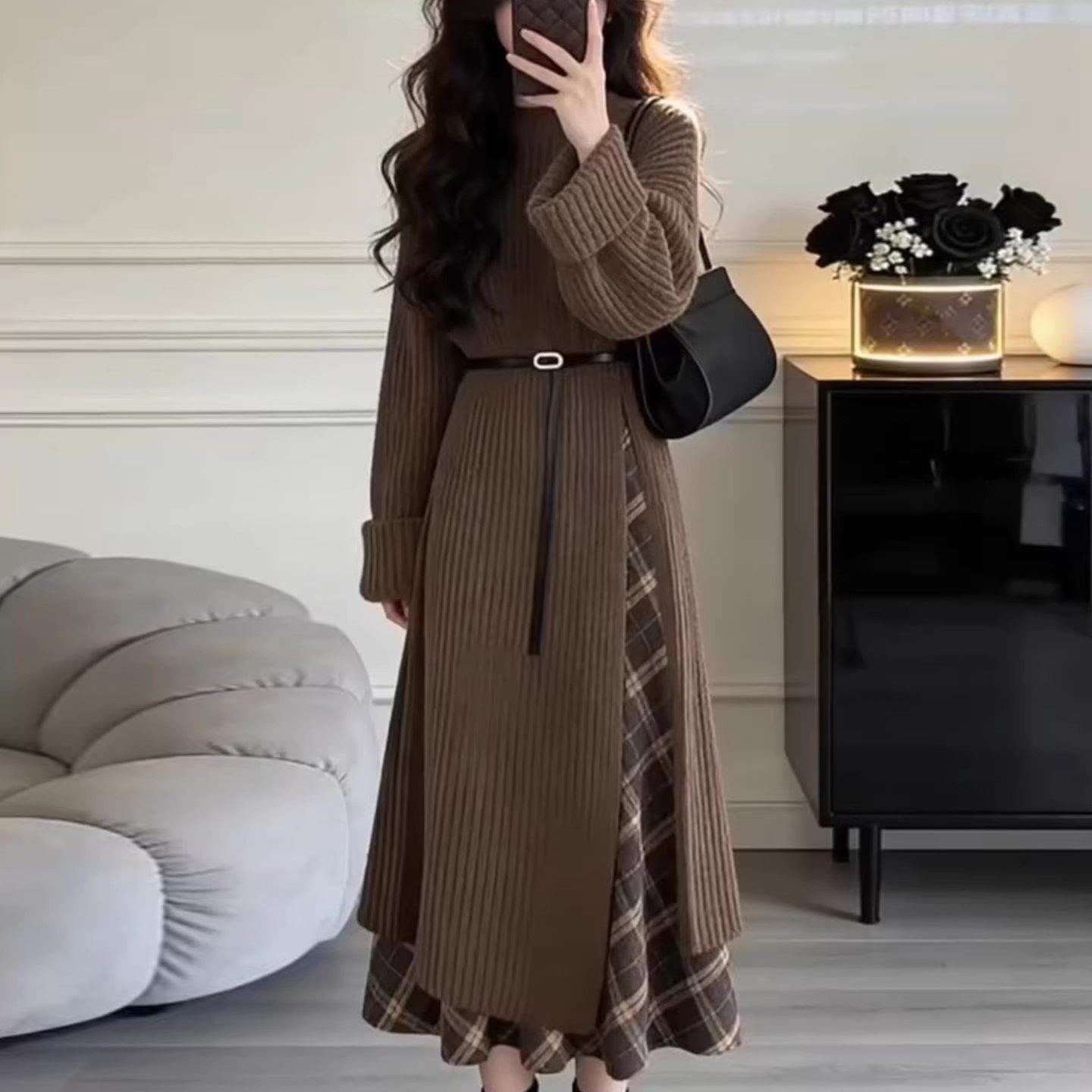 Maillard Style Knit Sweater and Plaid  Skirt Two Pieces Set - image 2