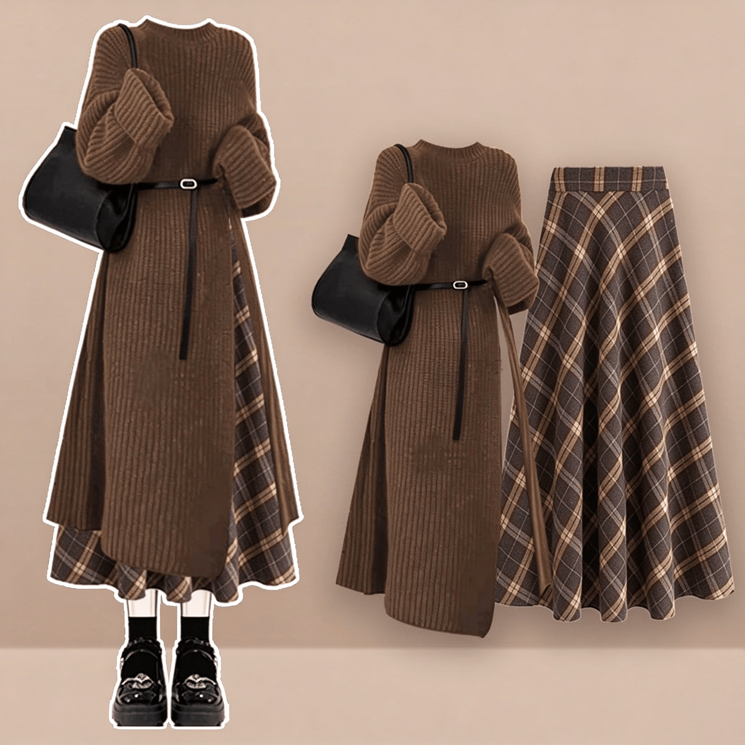 Maillard Style Knit Sweater and Plaid  Skirt Two Pieces Set - Coffee Set - 3XL - image 1