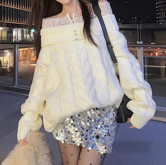 Chic Off Shoulder Lace Trim Knit Sweater - image 1