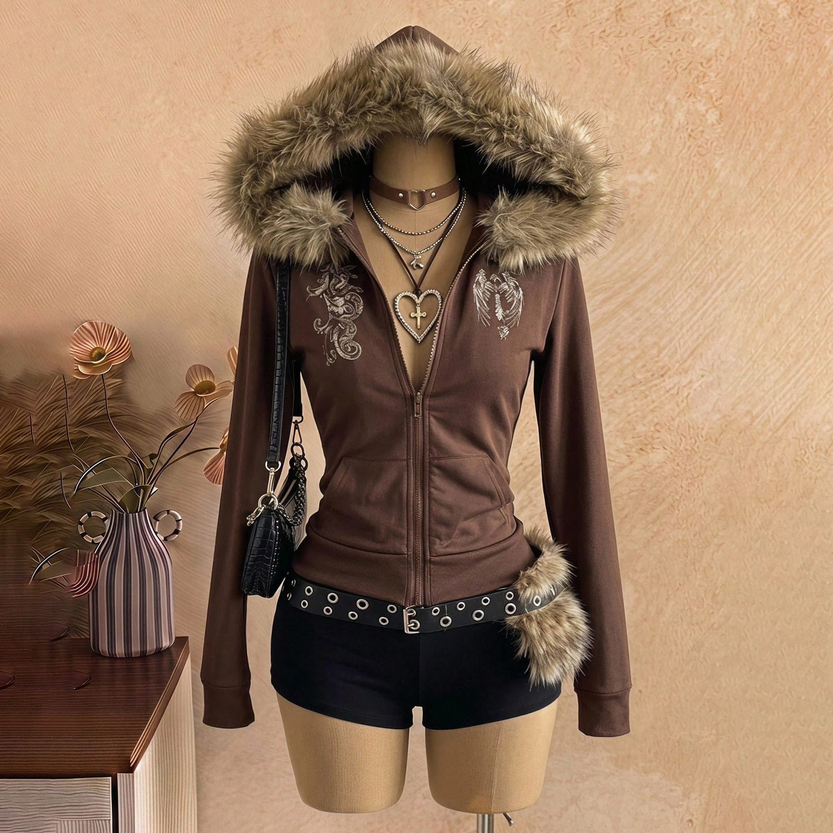 Y2K Faux Fur Collar Zip-Up Hooded Sweatshirt - image 2