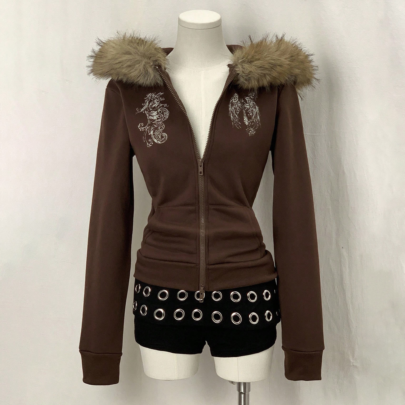 Y2K Faux Fur Collar Zip-Up Hooded Sweatshirt - image 1