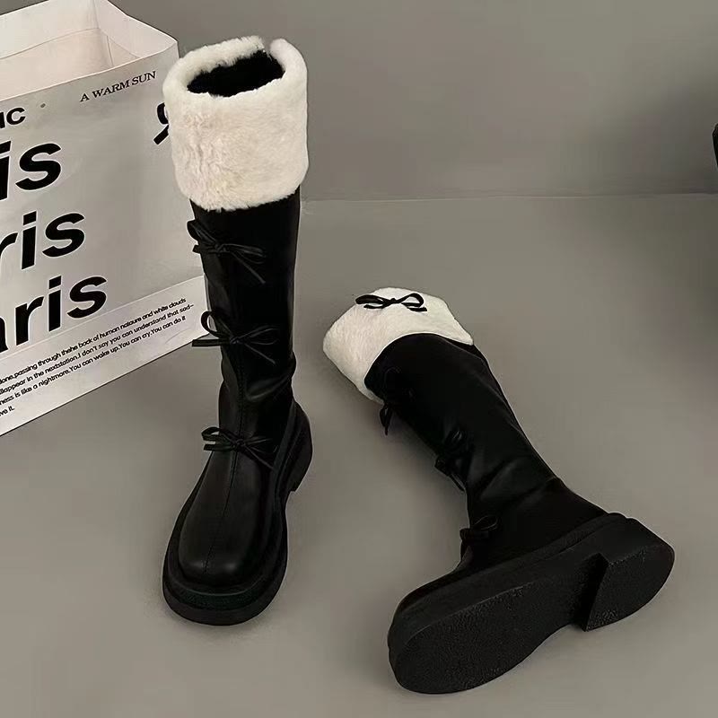 Bow Detail Faux Fur Collar Platform Tall Boots - image 3