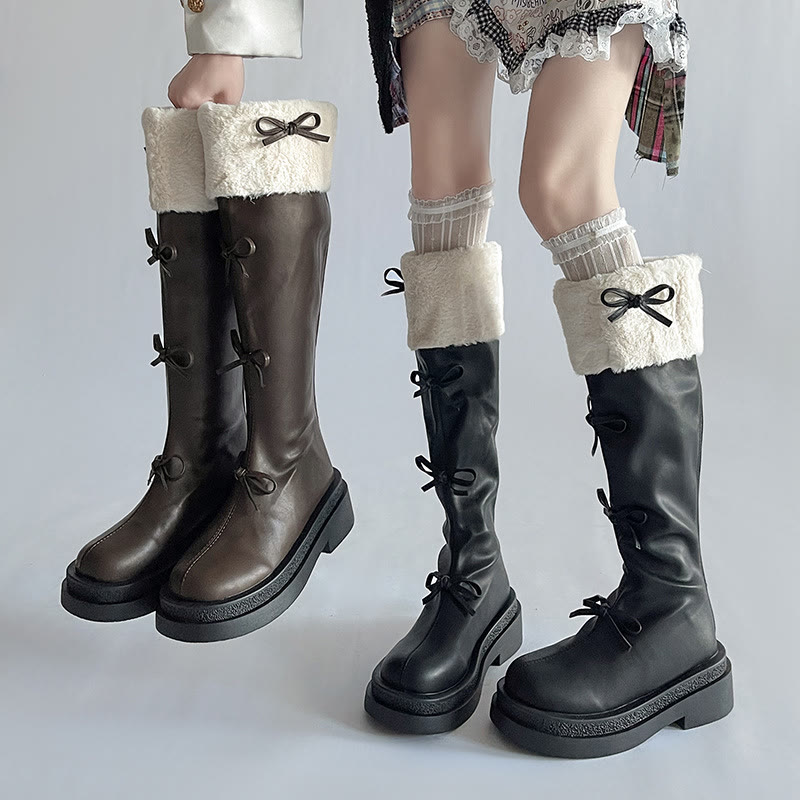 Bow Detail Faux Fur Collar Platform Tall Boots - image 2