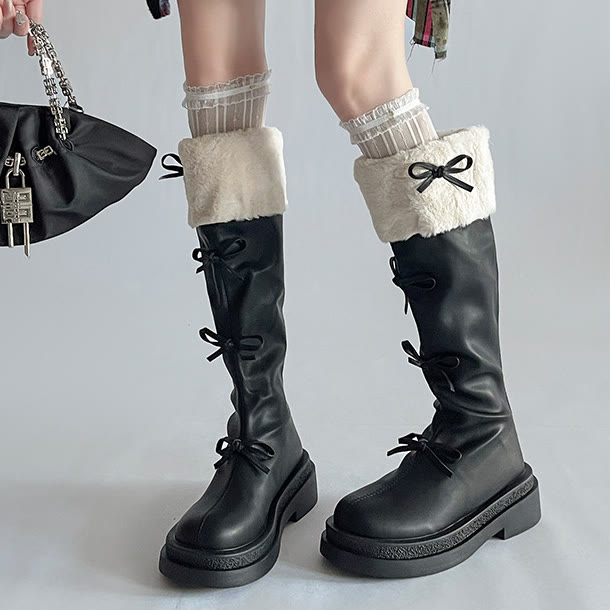 Bow Detail Faux Fur Collar Platform Tall Boots - image 4