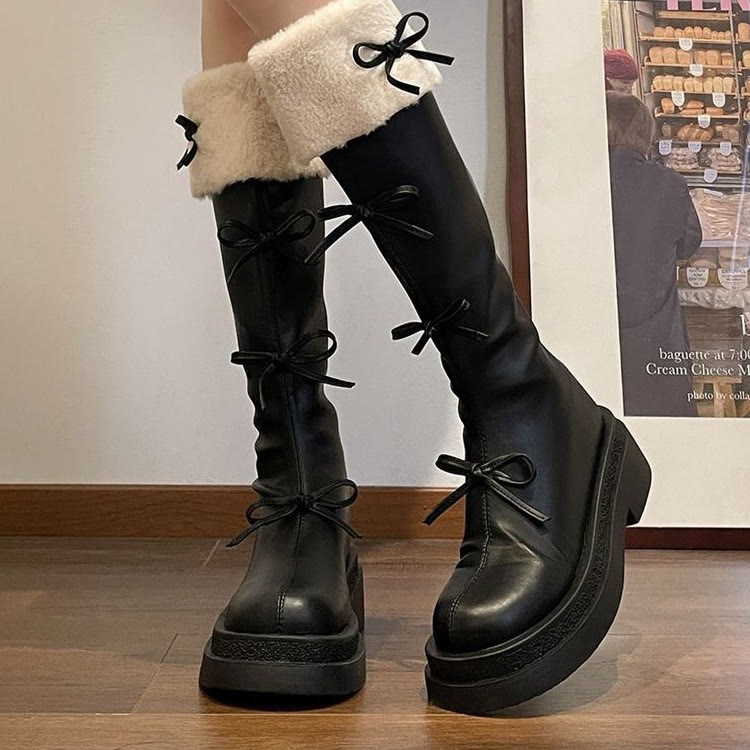 Bow Detail Faux Fur Collar Platform Tall Boots - Black - 40 - image 1