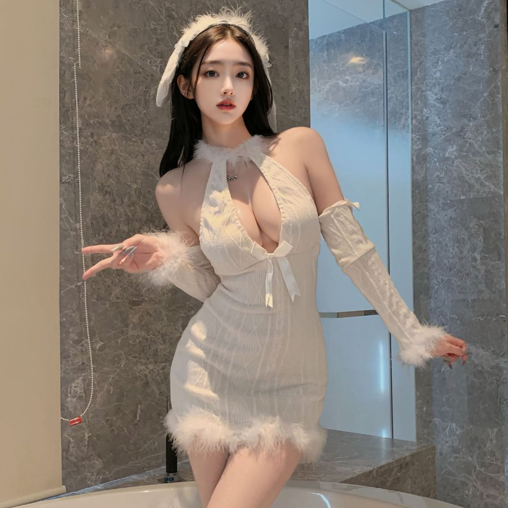 Sexy Deep V Halter Bunny Costume Lingerie - image 1