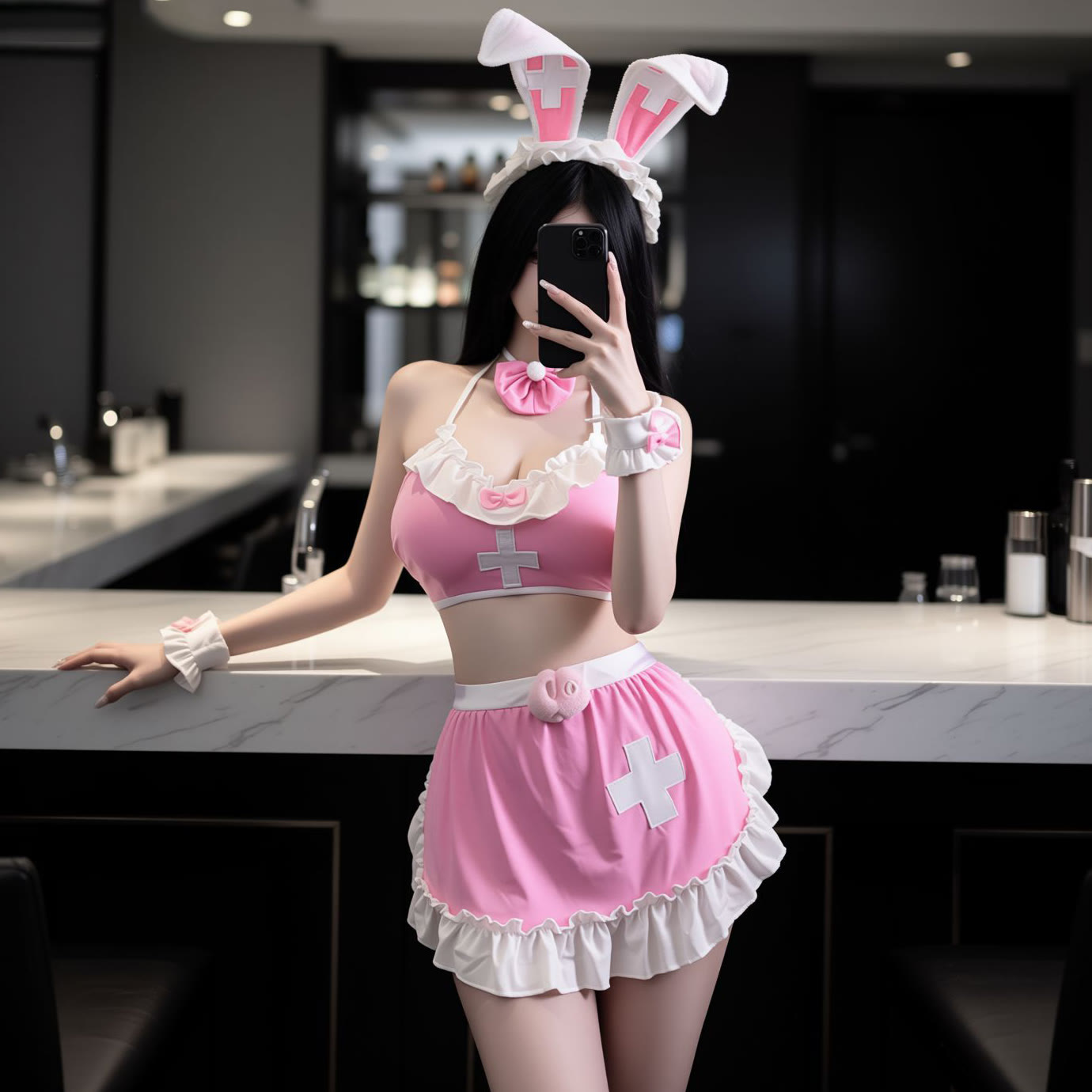 Pink Sexy Bunny Costume Lingerie - Headband+Chocker+Bracelet+Lingerie+Thong - One Size - image 1