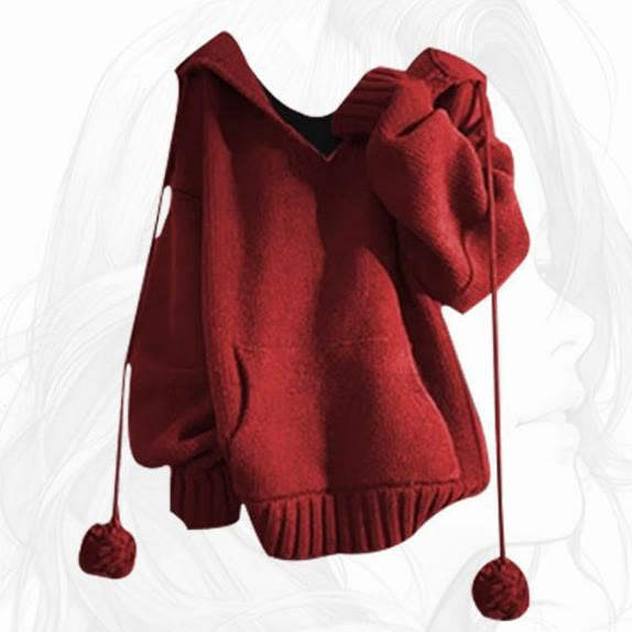 Christmas Hooded Knit Sweater and Plaid Skirt Two Pieces Set - Red Top - XL - image 2