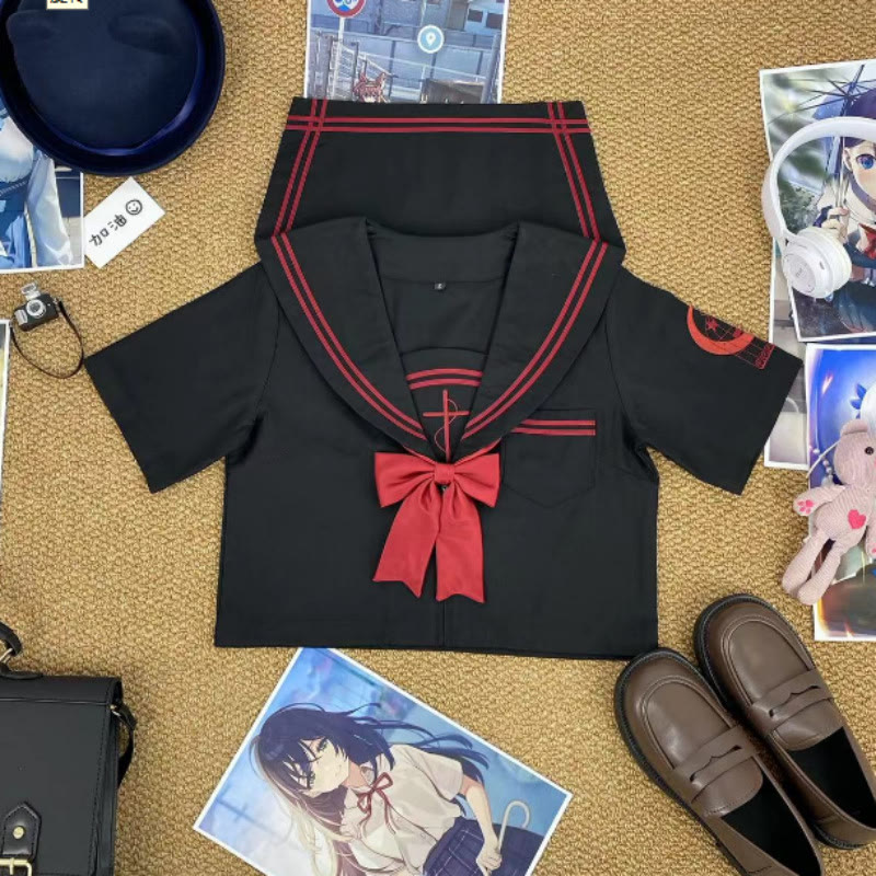Dark Jk Sailor Uniform Two Pieces Set - Short Sleeve + Red Bow Tie - 2XL - image 4