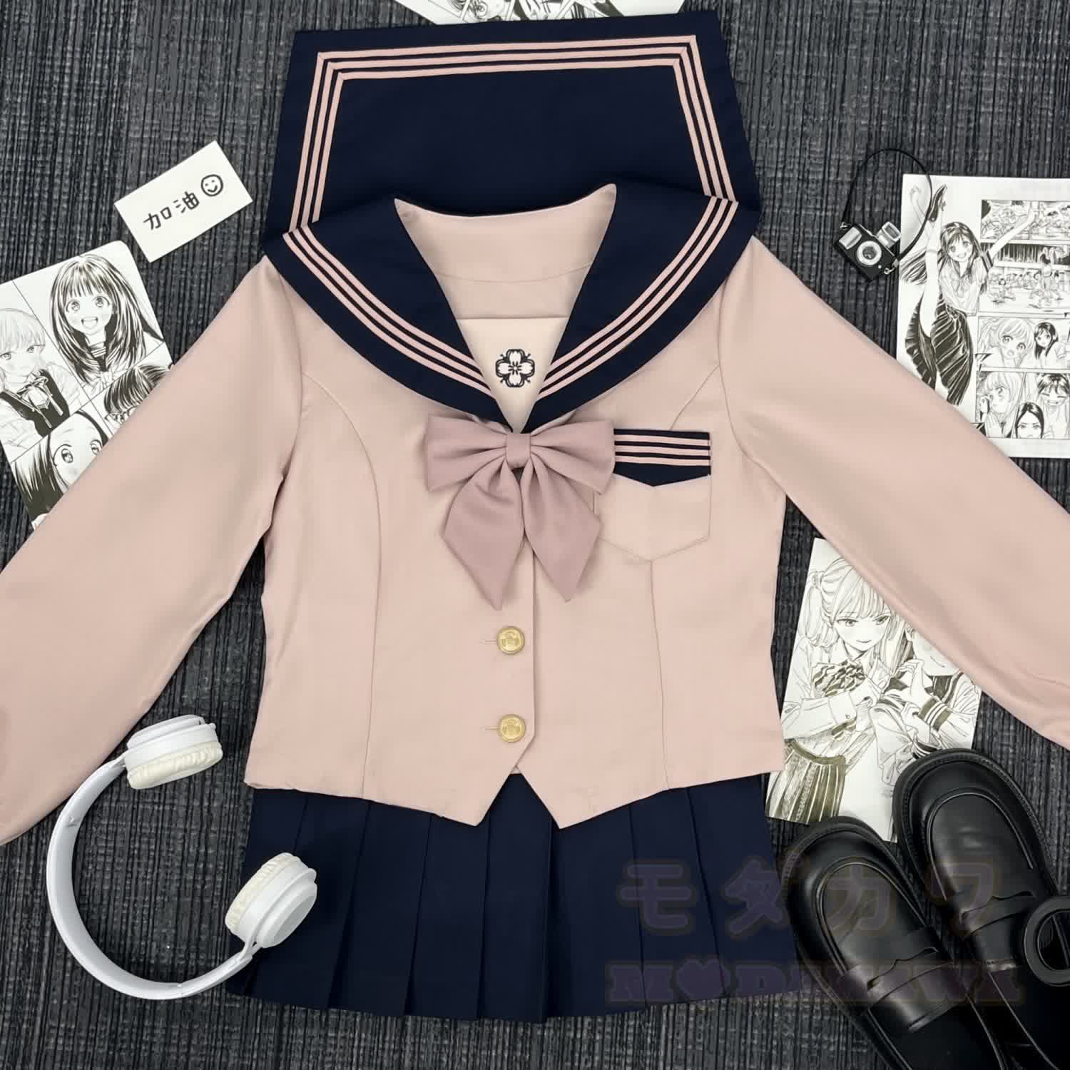 Pink JK Sailor Uniform Two Pieces Set - Long Sleeve + Bow Tie + Skirt - 2XL - image 2