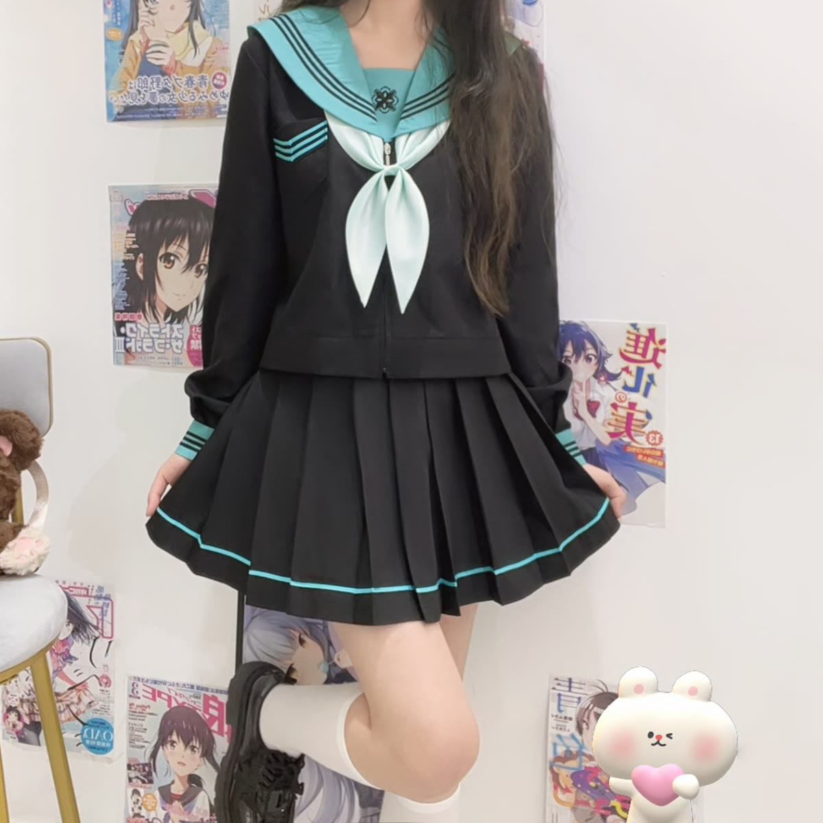 Preppy JK Sailor Uniform Set - Long Sleeve + Bow Tie + Skirt - 2XL - image 2