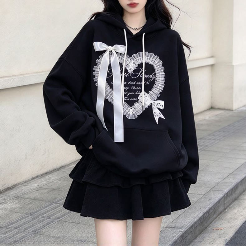Chic Bow Lace Hoodie and Skirt Two Pieces Set - Black Top+Black Skirt - XL - image 2