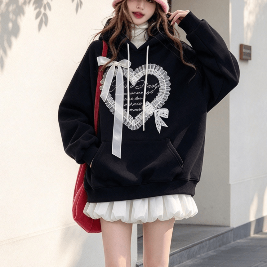 Chic Bow Lace Hoodie and Skirt Two Pieces Set - Black Top+White Skirt - 3XL - image 1