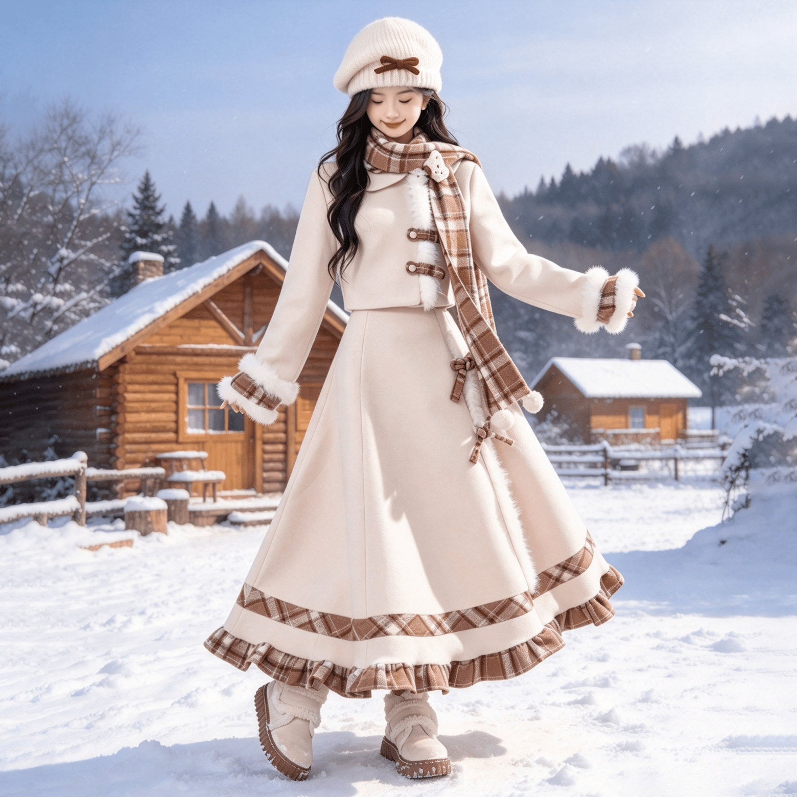 Chic Jacket and Skirt and Plaid Scarf Three Pieces Set - image 1